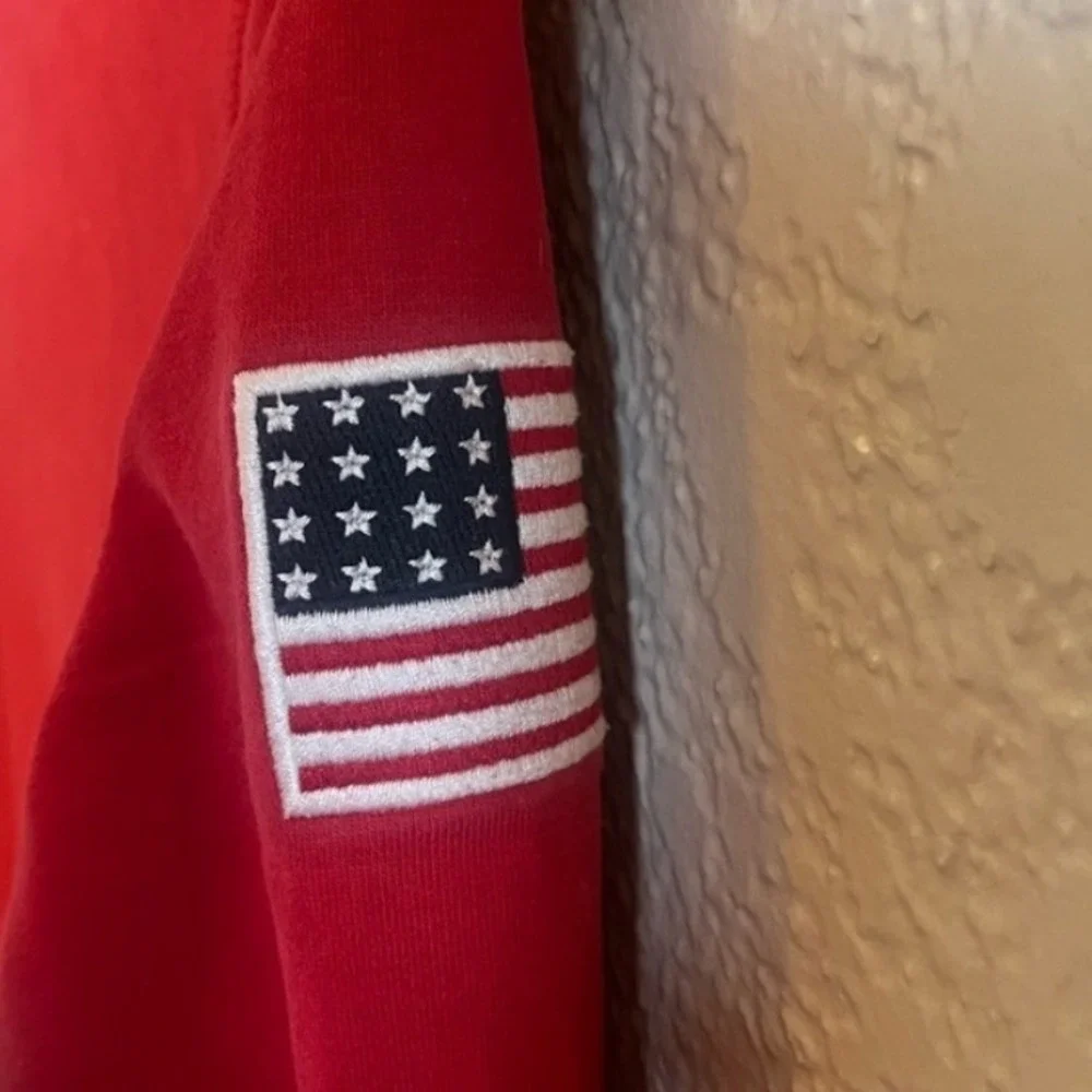 Tommy Hilfiger Boys Quarter Zip Sweatshirt Size 8 Red Spell Out Logo Flag USA